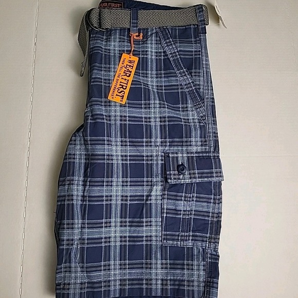 NWT Wear First  Mens 36 Y2K/2000s BAGGY PLAID CARGO  SKATE‎ SHORTS Blue Belted - Picture 6 of 7